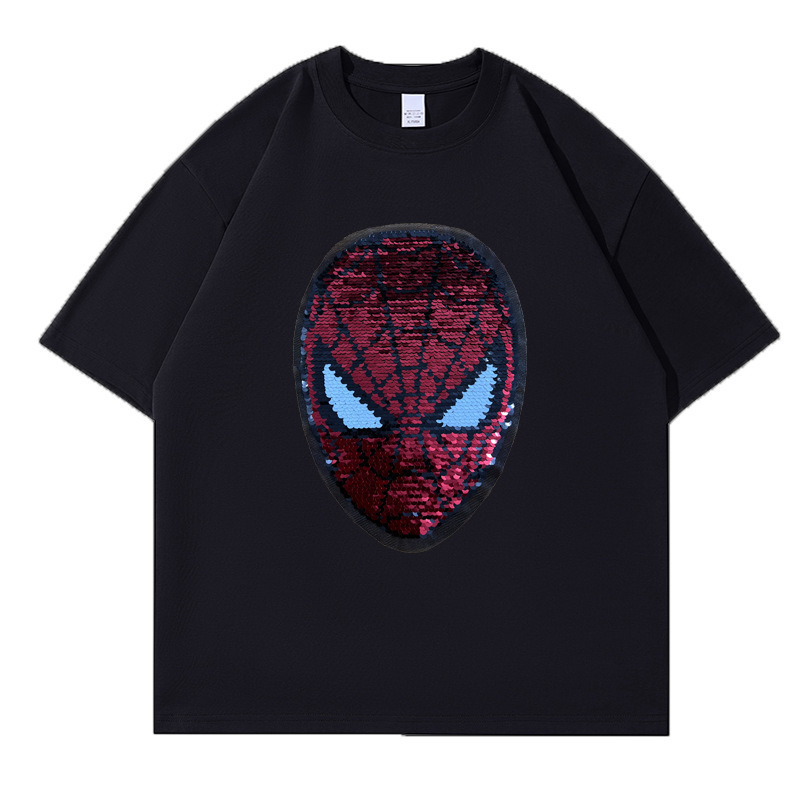Picture of Cotton Spider-Man Short-sleeved T-shirt for parents and children's clothes fried street couple's fashionable brand summer clothes loose color-changing sequins children's top