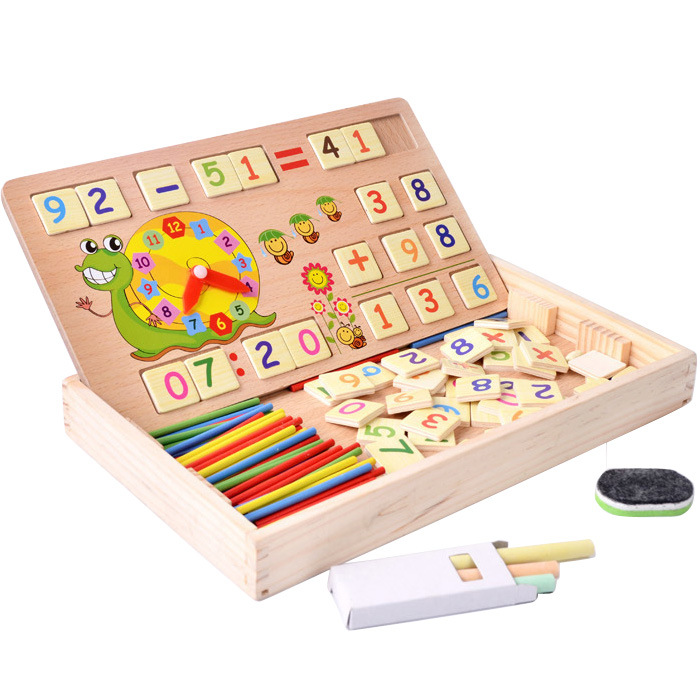 Picture of Children's Wooden Multifunctional Operation Learning Box Clock Counting Stick Student Addition and Subtraction Black and White Drawing Board Educational Toy