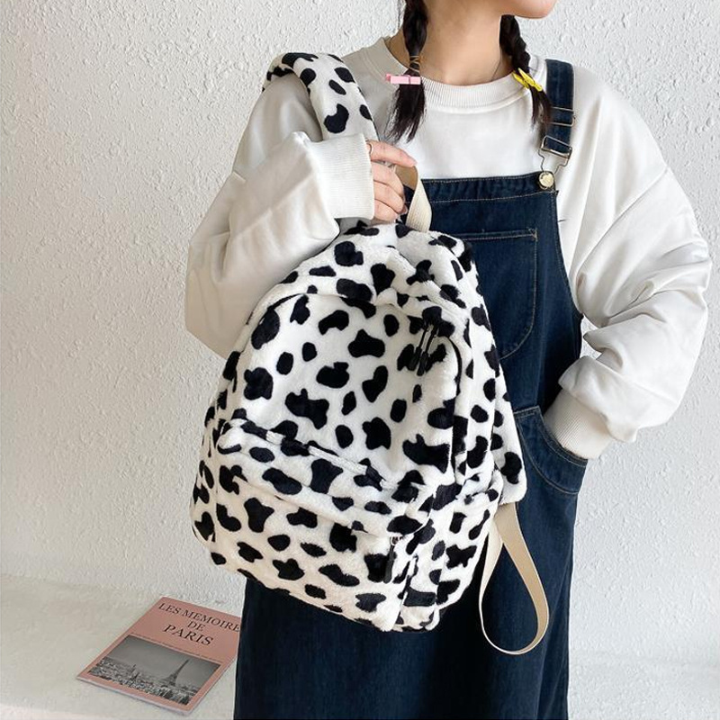 New plush high-looking schoolbag female college student class bag Korean cute cow all-match trendy backpack