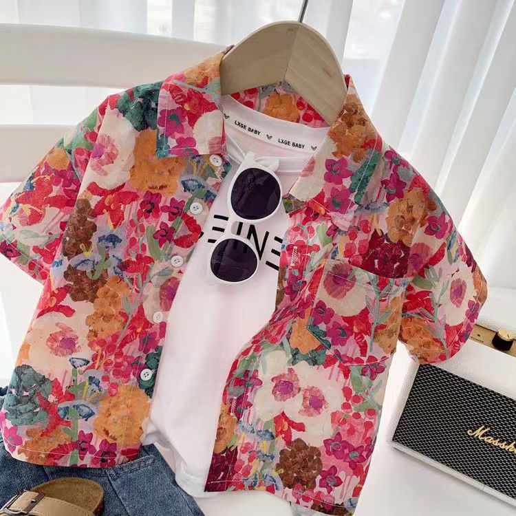 Children's Flower Shirt Boys Summer Explosions Small and Medium-sized Children's Casual Top Internet Popular Baby Beach Style Shirt Short-sleeved Trendy