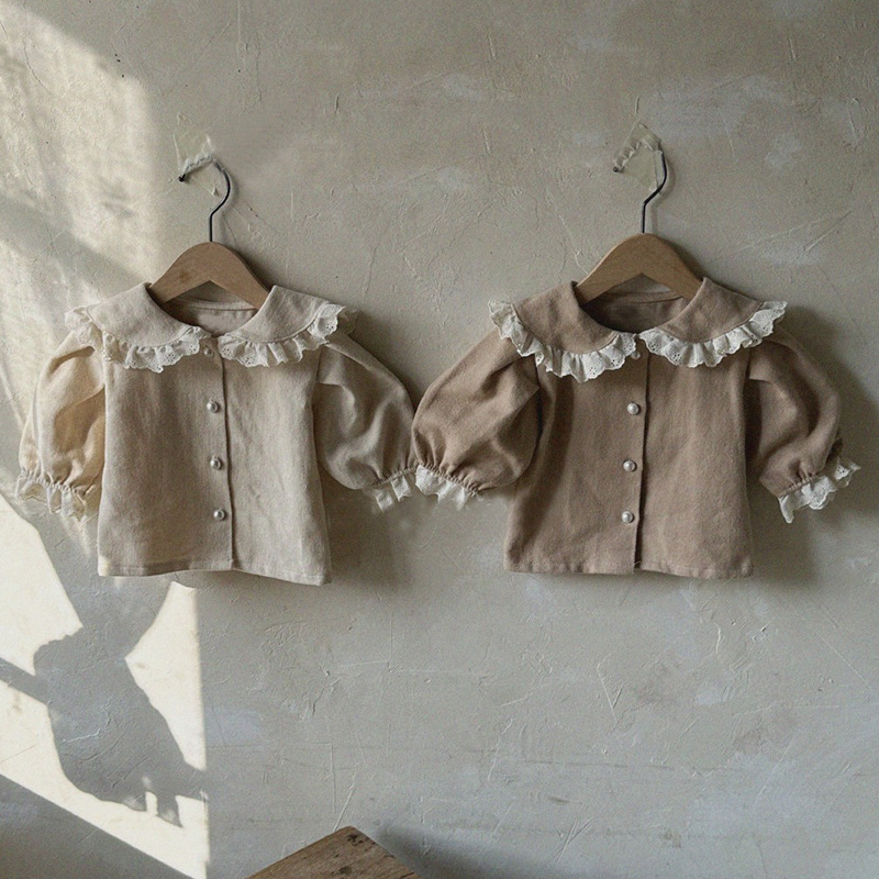 Picture of Ins Girls' Baby Spring New Style Shirt Top Western Style Lace Lace Long Sleeve Girls' Cardigan Shirt