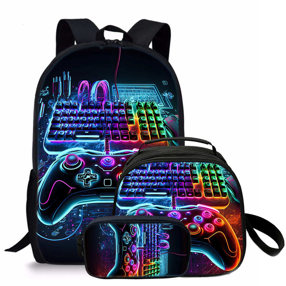 Game handle primary school student backpack three-piece DIY printed backpack meal bag pencil case