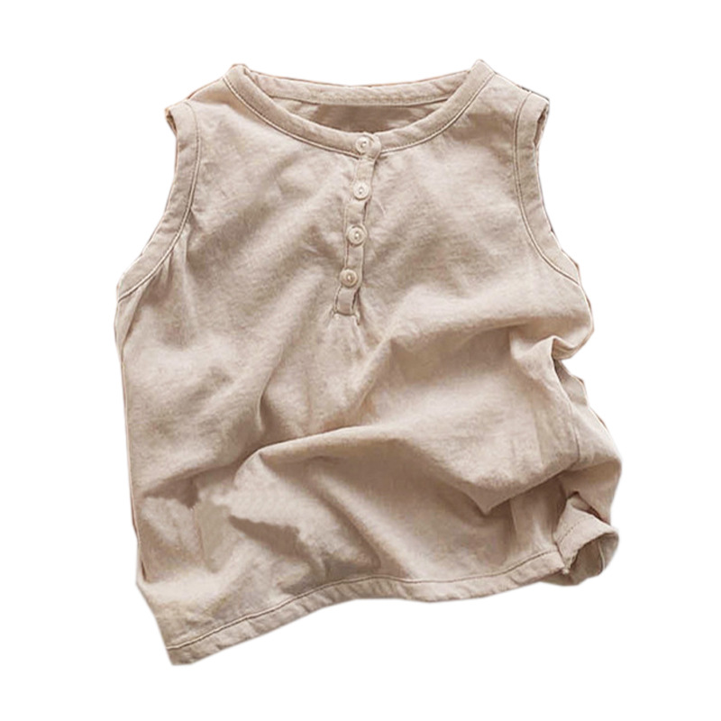 Picture of 2023 Summer Korean Children's Wear New Boys and Girls Korean Cotton Button Sleeveless Vest Solid Color Round Neck T-Shirt 5