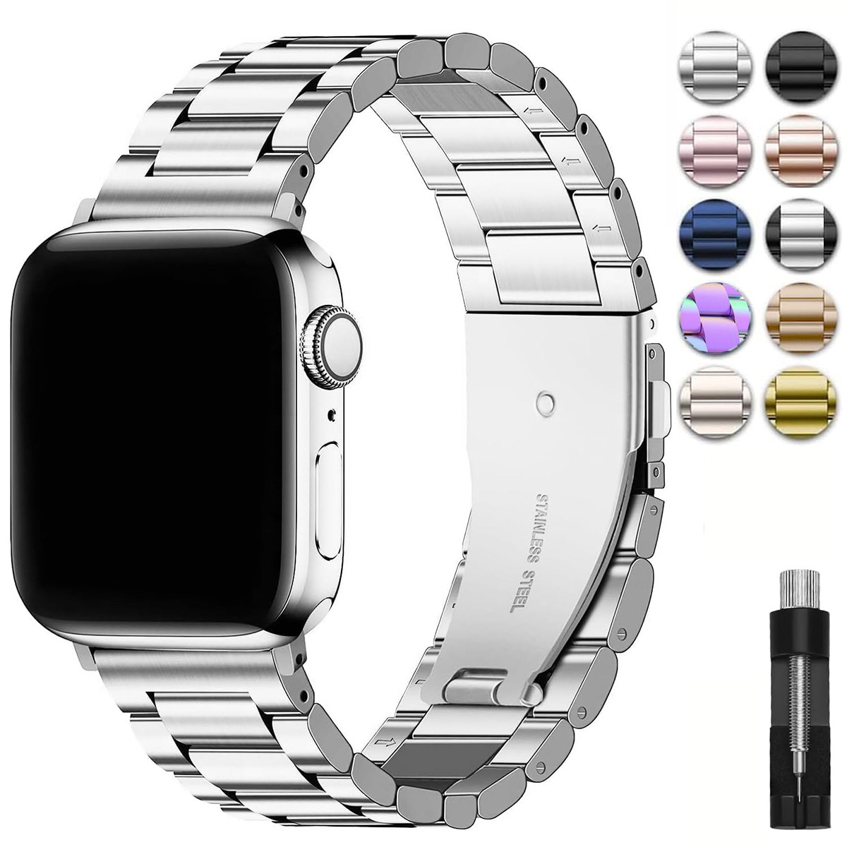 Suitable for Apple Watch Solid Stainless Steel Three-Bead Metal Business Strap