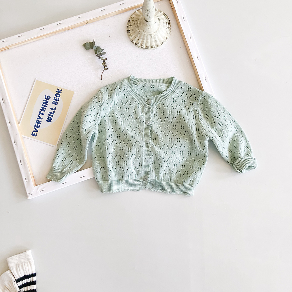 Picture of 2025 Spring and Summer New Sweet Princess Solid Color Cardigan Sun Protection Air Conditioning Shirt Long Sleeve Knitted Hollow Jacket 3 Colors Selection