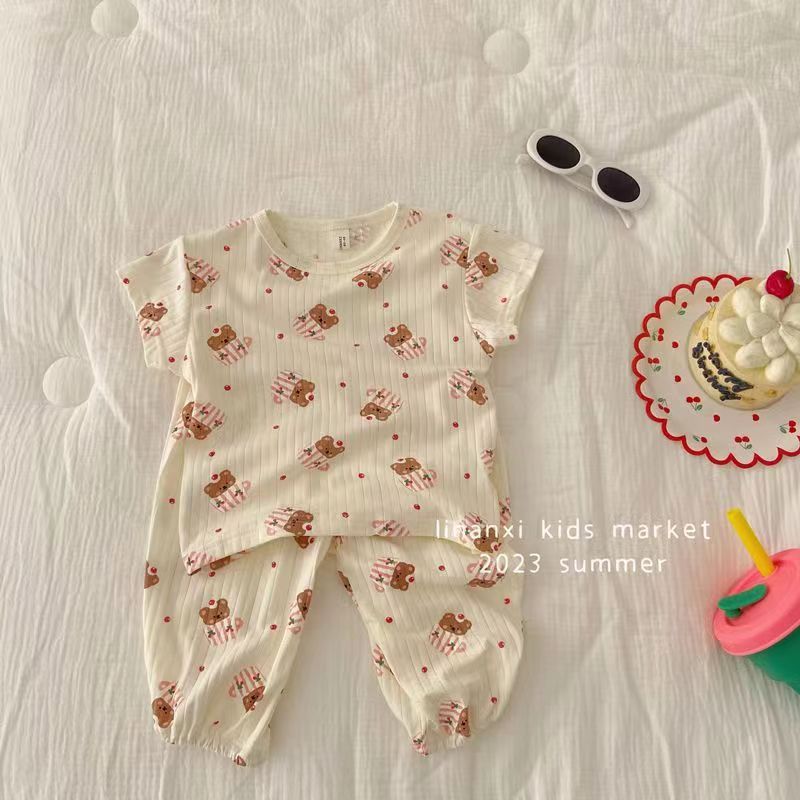 Picture of Ice silk pit 2023 summer new girls wear short sleeve suit baby summer two-piece Korean pajamas
