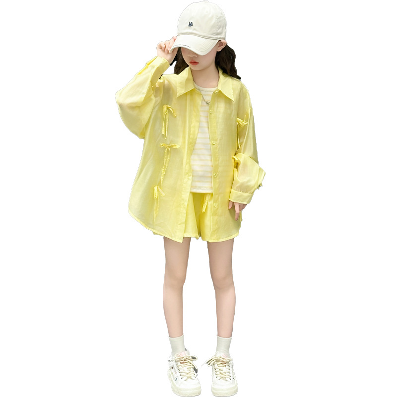 Picture of Girls' Sunscreen suit Summer 2025 New Arrival CUHK Children's Stylist Long-Sleeved Tencel Sunscreen Shorts Three-Piece Trendy Set