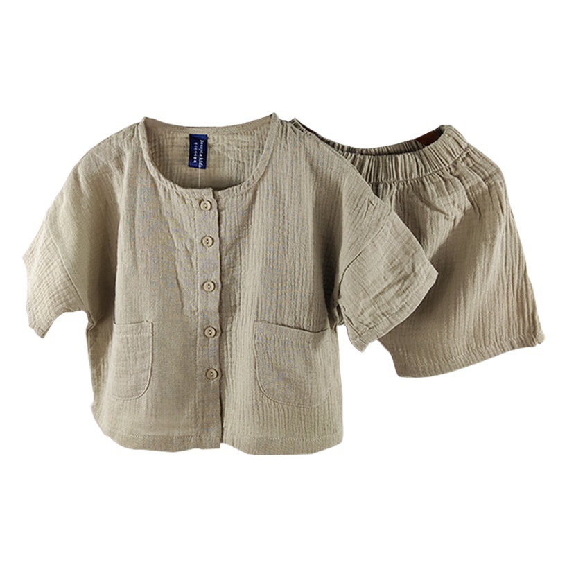 Children's Summer Korean Style New suit Vintage Mori Cotton Linen Wrinkle Single-breasted Loose Casual suit for Boys and Girls 2
