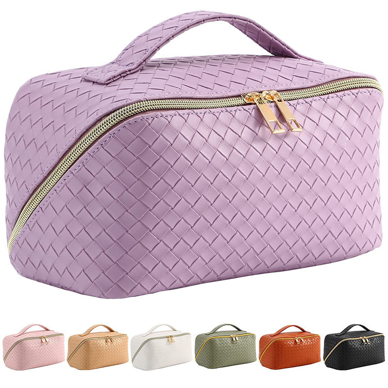 New PU woven leather plaid embossed portable cosmetic bag large capacity cosmetic storage bag for Amazon