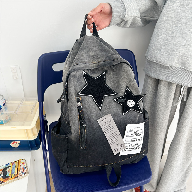 Picture of New Original Gradient Denim Star Backpack for Middle and High School Students, Vintage Style School Bag, Versatile Travel Backpack