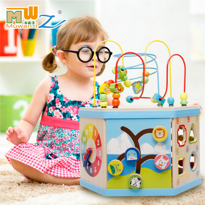 Children's Multifunctional Wooden Large Hexahedron Large Bead Treasure Box Baby Enlightenment Beaded Educational Toy