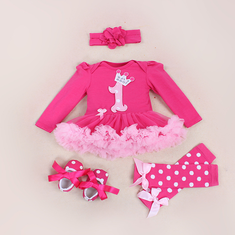 Picture of Cross-border foreign trade baby long-sleeved one-piece dress baby pink yarn dress socks suit girls' holiday children's dress 4-piece set
