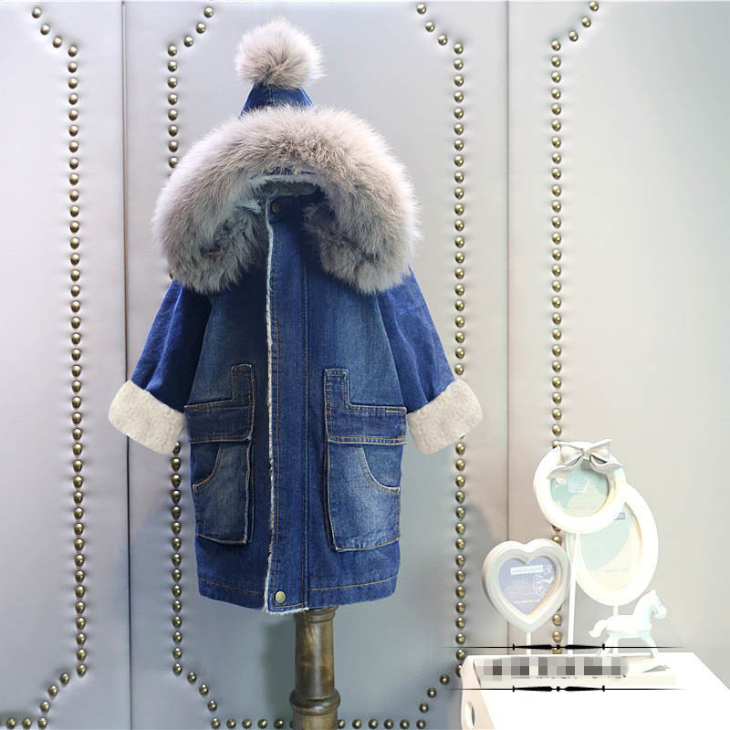 Foreign Trade Children's Clothing Dropshipping Girls Denim Jacket Real Fox Fur Collar Fleece-Lined Long Outwear 25 Winter New Style