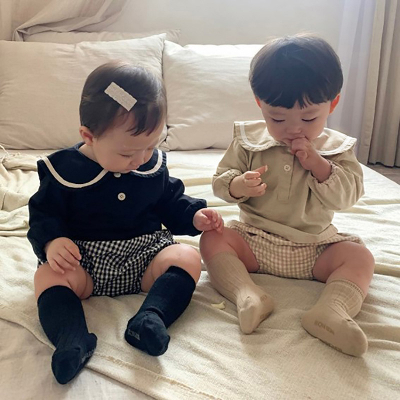 2024 Autumn Korean Baby Navy Style Sub Top + Bread Shorts Set Men's and Women's Baby Children's Suit