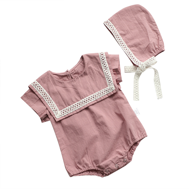 Picture of 2024 summer baby clothing large lapel cotton lace baby jumpsuit baby clothes triangle climbing suit hat