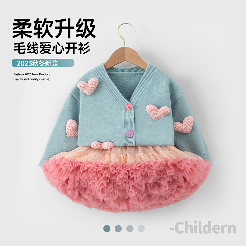 Picture of Spring New Girls knitted casual cute love cardigan outer wear fashion sweater tutu skirt matching suit