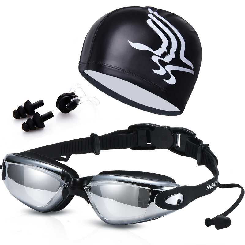 Picture of Amazon swimming goggles swimming cap nose clip earplug HD waterproof anti-fog large frame men's and women's swimming equipment goggles 7001