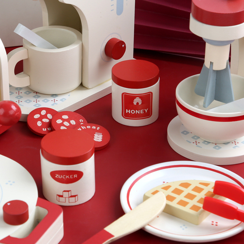 Picture of Wooden Simulation Tea Set Coffee Machine Bread Machine Set Kindergarten Kitchen Role-playing Playhouse Educational Toys