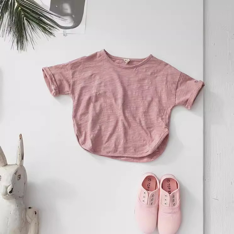 Picture of New Summer Girls' T-Shirt Short-Sleeved Kidsren's Tops Korean Style Loose Pure Color Round Neck Boys' Bottoming Shirt Bamboo Cotton