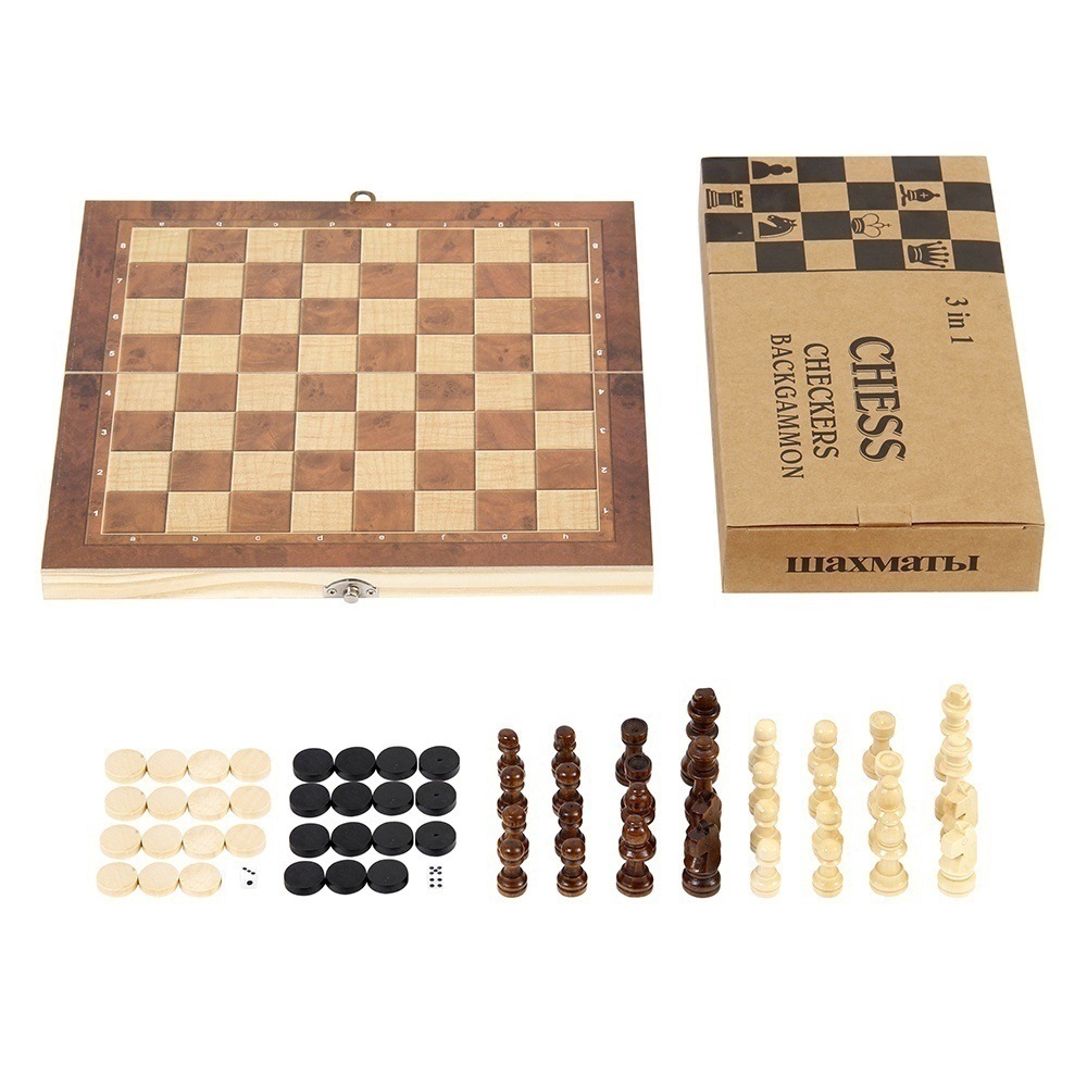 Picture of 3 in 1 wooden foldable chess natural wood lacquer game chess multi-function black and white chess Chess