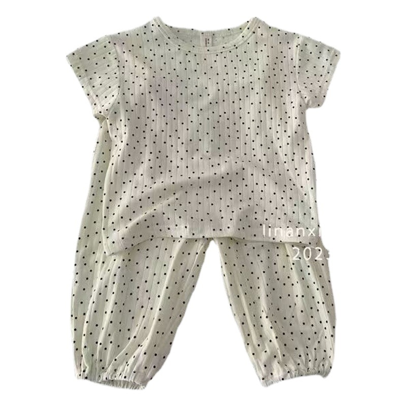 Ice silk pit 2023 summer new girls wear short sleeve suit baby summer two-piece Korean pajamas