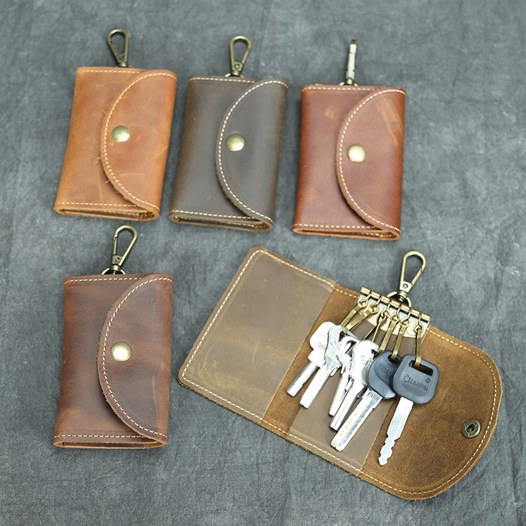 Handmade Crazy Horse Leather Key Case Large Capacity Card Holder Cowhide Multifunctional Key Ring for Men Vintage with Change