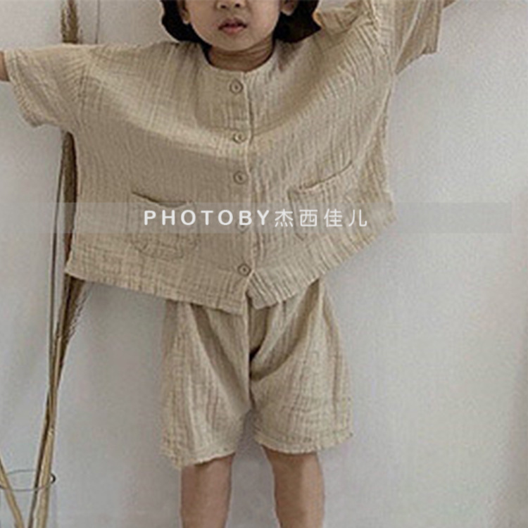 Picture of Children's Summer Korean Style New suit Vintage Mori Cotton Linen Wrinkle Single-breasted Loose Casual suit for Boys and Girls 2
