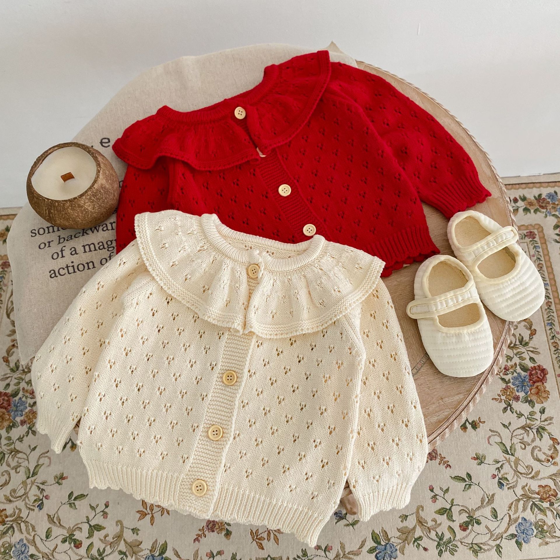Picture of 2025 Autumn and Winter Style 0-3 Year Old Baby Girl Cotton Yarn Knitted Cardigan Lotus Leaf Collar Cut Out Long-Sleeved Sweater Jacket