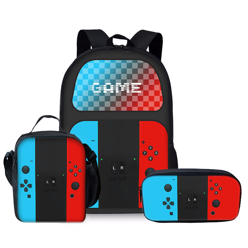 Game machine primary school student backpack three-piece DIY printed backpack meal bag pencil case