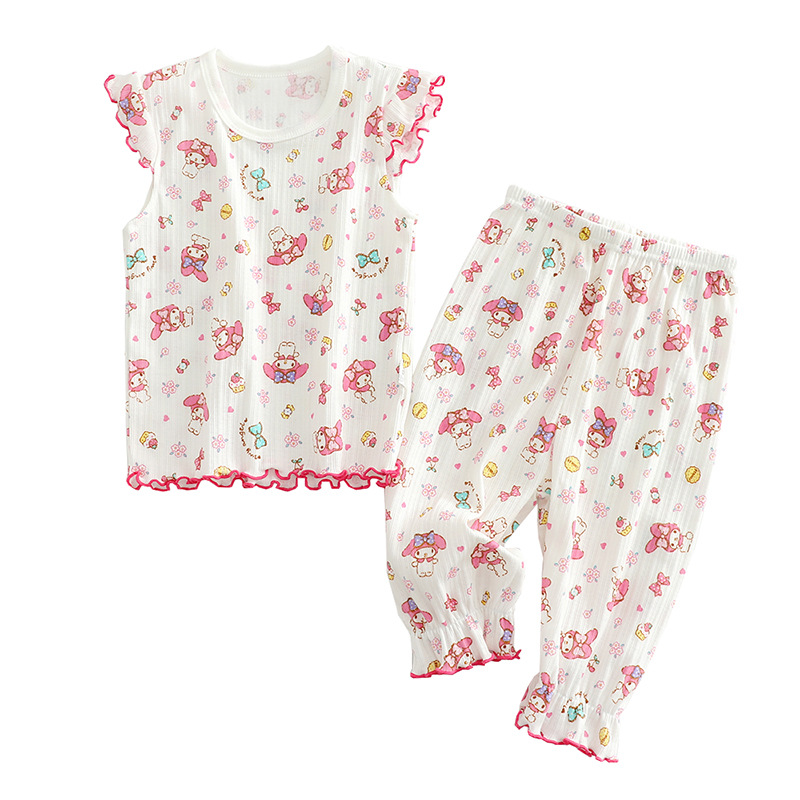 Picture of Children's short sleeve cropped pants set pure color female baby air conditioning home clothing 100 cotton thin bottoming shirt wholesale