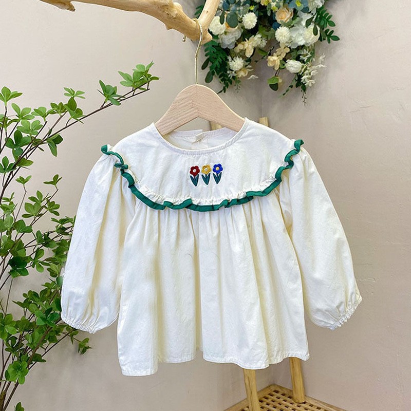 Picture of Girls' Shirt Children's Spring and Autumn Clothes Korean Style Western Style White Lace Shirt with Large Lapel for Baby Long Sleeve Top