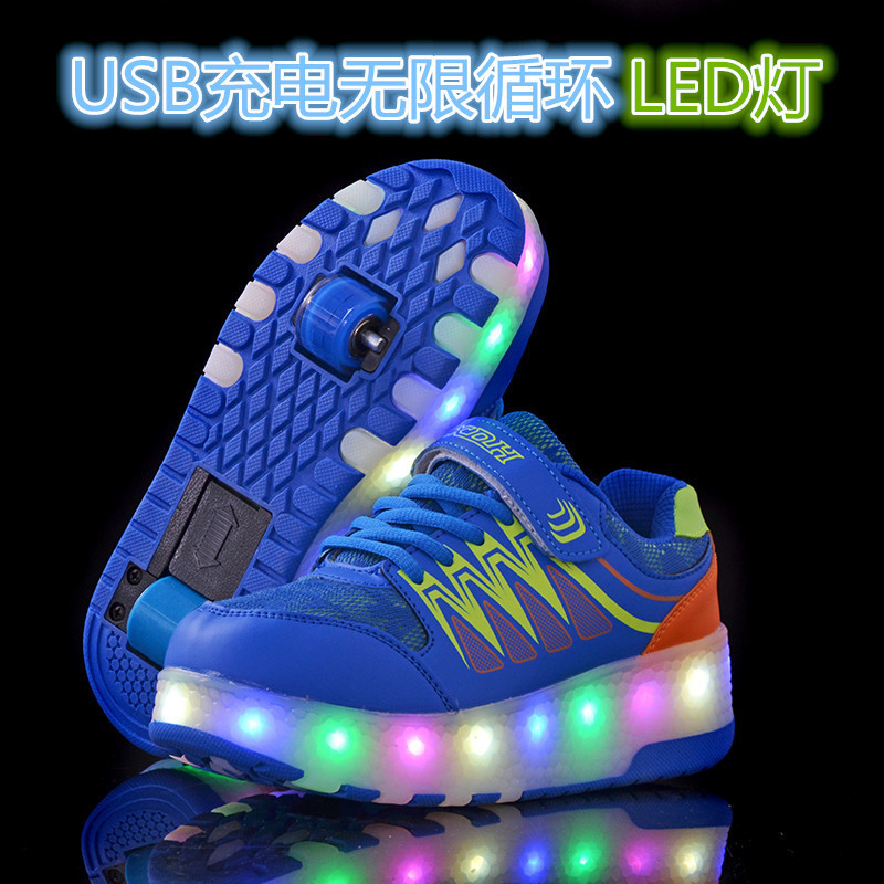 Picture of Winter children's heloo shoes double wheel student switch LED light children's roller skates USB charging button control mode