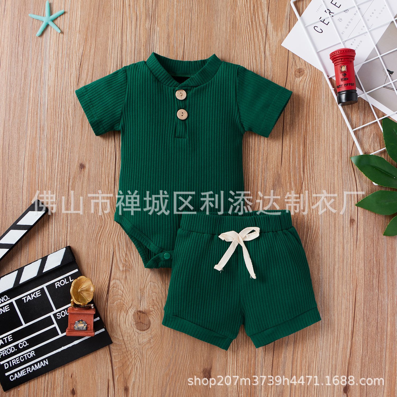 Picture of 2021 Amazon spring explosions toddler [short sleeve twist button stripes solid color pullover two-piece]]