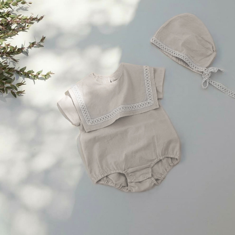 Picture of 2024 summer baby clothing large lapel cotton lace baby jumpsuit baby clothes triangle climbing suit hat