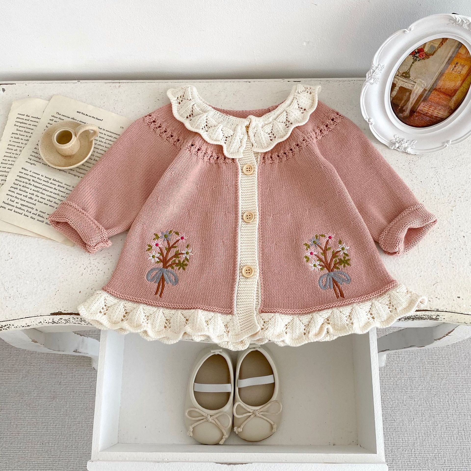Picture of Ins2025 Spring and Autumn Baby Girl Retro Embroidered Cardigan Jacket Western Style Ruffled Lapel A-Line Long Sweater