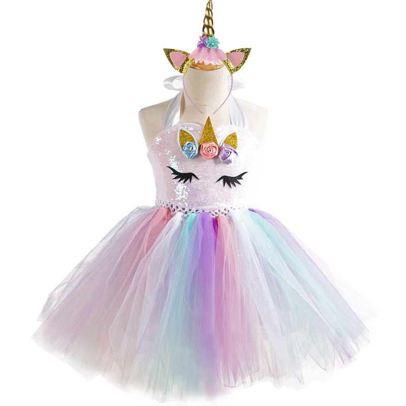 Picture of European and American Children's Clothing Sequin Mesh Handmade Girl's Dress Children's Performance Dress Princess Dress One-Corner Headwear