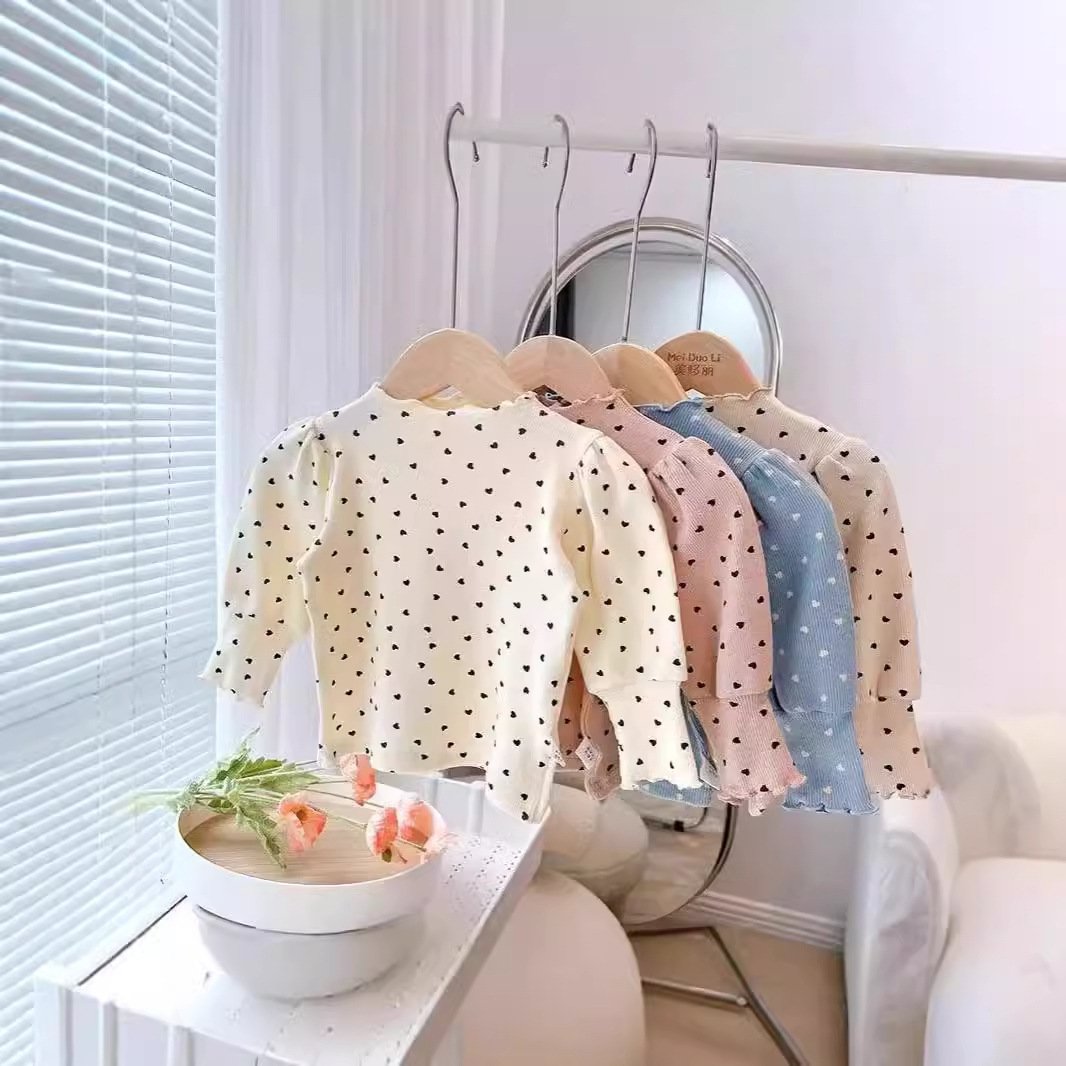 Spring and Autumn Girls' Clothing Bottoming Shirt Baby Fashionable Children's Personality Trendy Brand Korean Style Ear-Shaped Heart Puff Sleeves