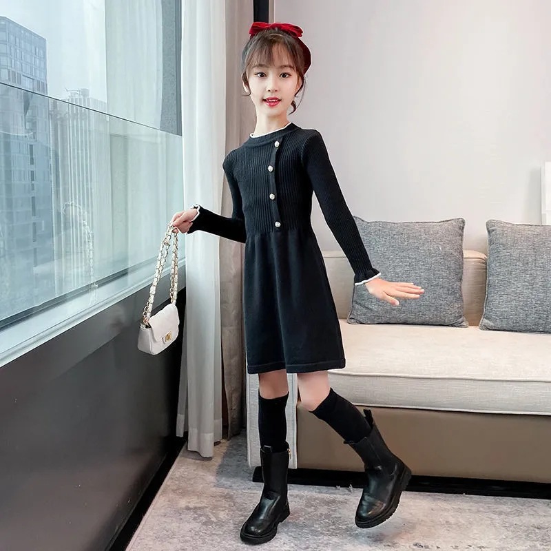 Picture of Girls' Spring and Autumn dress New Sweater Dress for Big Children Retro Knitted Skirt Western Style Girls' Knitted Princess Skirt