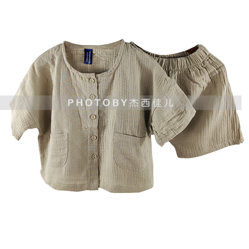 Picture of Children's Summer Korean Style New suit Vintage Mori Cotton Linen Wrinkle Single-breasted Loose Casual suit for Boys and Girls 2
