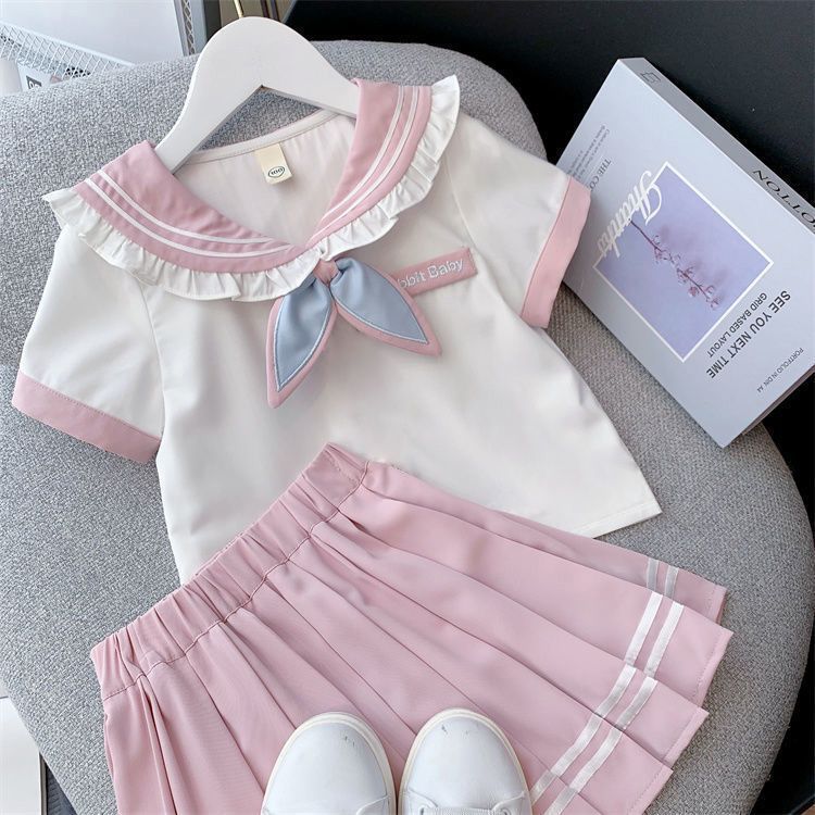 Girls' Preppy Style Skirt Summer Kidsren's Jk Suit 2025 New Style Girl's Shirt Pleated Skirt Two-Piece Set