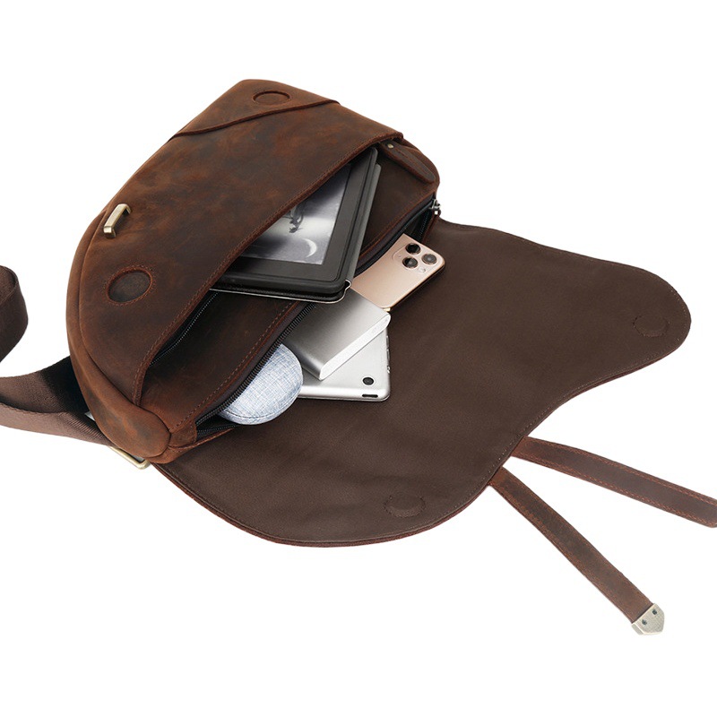 Crazy Horse Leather Chest Bag Crossbody Bag Men's Cross-border Large Capacity Retro Saddle Bag Outdoor Casual Genuine Leather Chest Bag Men's Bag