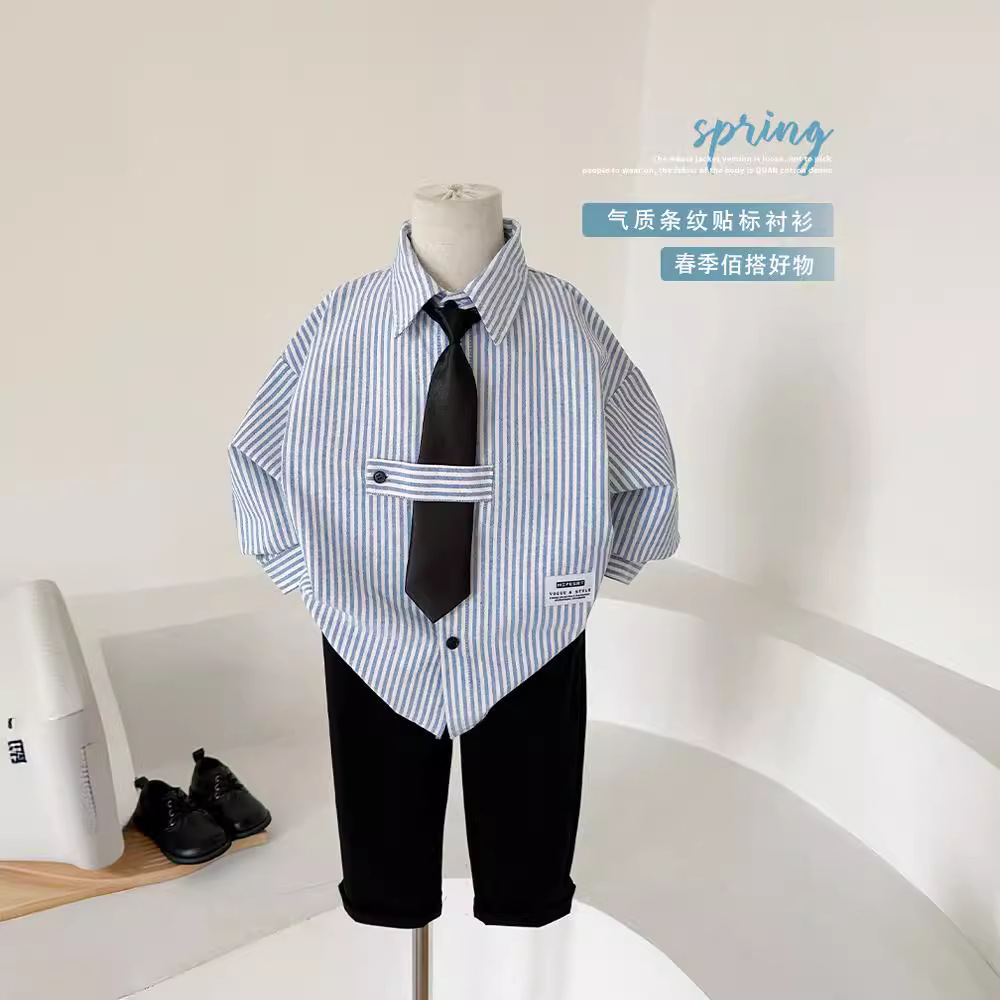 Boys' College Style Shirt Baby's Striped Cotton Shirt Children's Coat with Bow-tie Suit