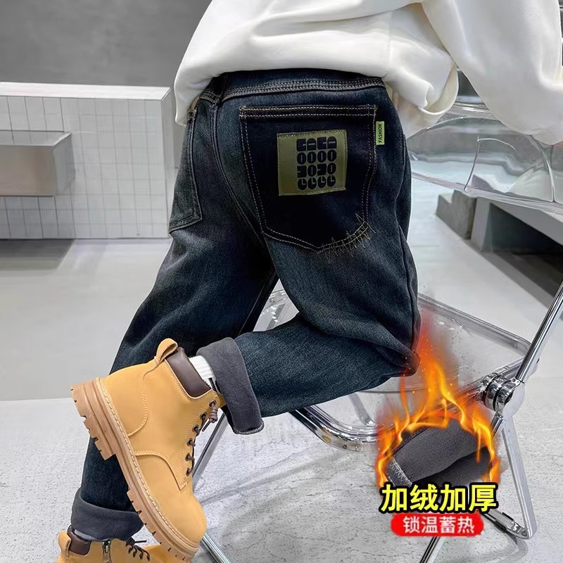 Picture of Boys' Pants Autumn and Winter 2025 New Style for Older Children, Boys' Winter Casual Pants, Children's Fleece-Lined Thickened Jeans