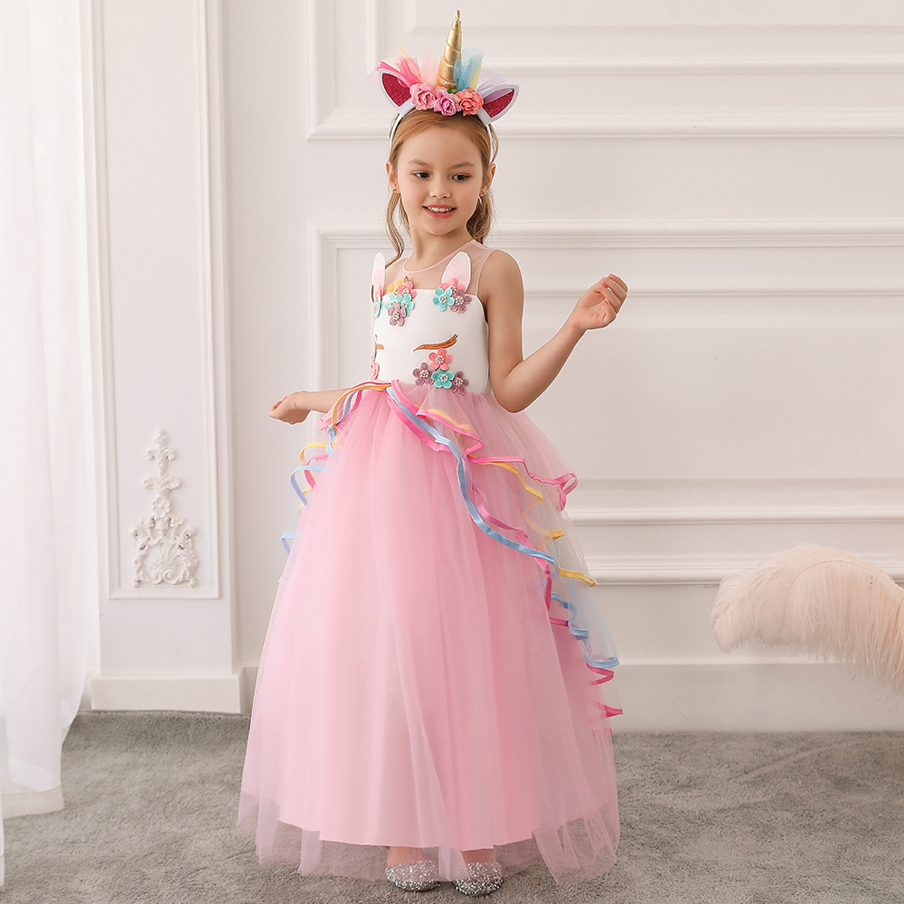 Picture of 2024 Older Children's Long Dress Colorful Mesh Cake Puff Skirt Unicorn Princess Dress Holiday Performance Dress
