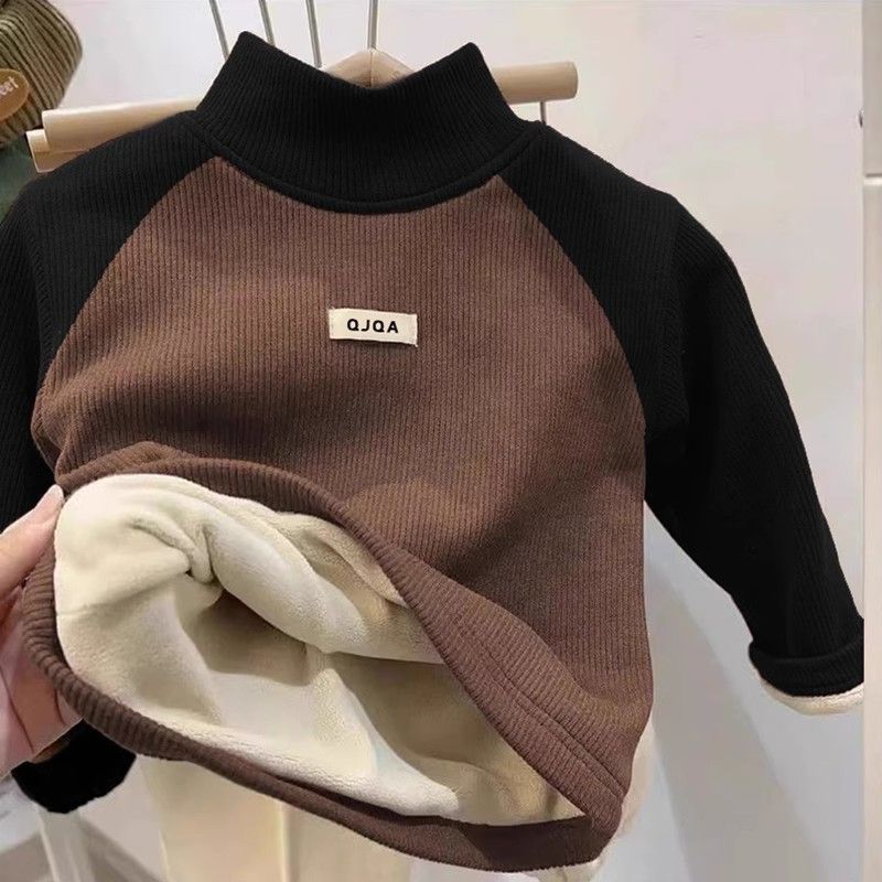 Children's Baby's Velvet Warm Base Shirt Winter New Boys and Girls fleece-lined Thickened Labeling Long-sleeved T-shirt Top