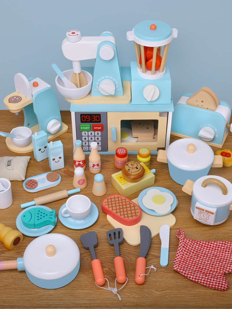 Picture of Children's Educational Toys Wooden Simulation Play House Kitchen Toy Set Coffee Machine Bread Machine Microwave Oven Toy