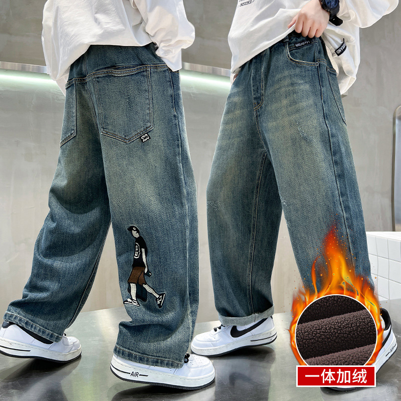 Picture of Boys' Pants Autumn and Winter 2025 New Style for Older Children, Boys' Winter Casual Pants, Children's Fleece-Lined Thickened Jeans