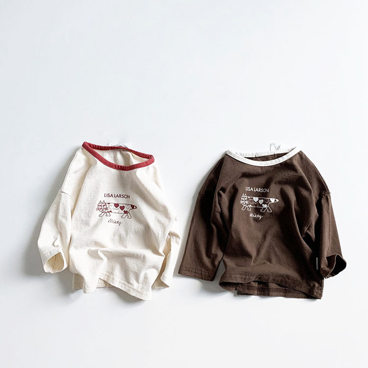 Children's Korean-style Autumn Children's Wear Top Ins Simple Color-matching Edge Lovely Long Cat Long-sleeved T-shirt for Boys and Girls