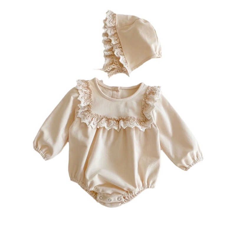 2025 Spring Clothes Baby Girl Baby 100 Days Clothes Lace Ruffled Long Sleeve One-Piece Harness Triangle Romper Suit with Hat