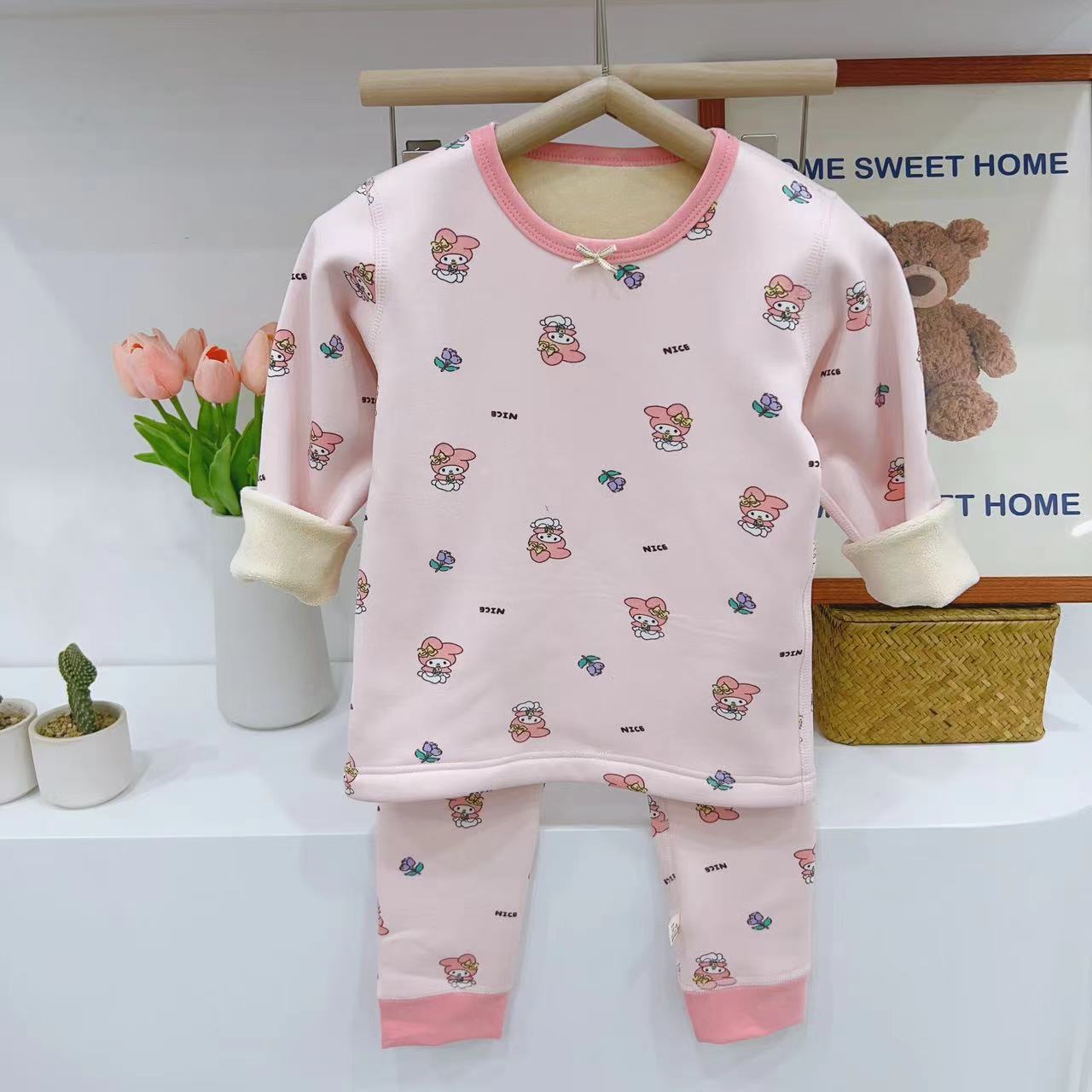 Picture of ZhongDa Children's Cherry Blossom Velvet Home Clothes Children's Warm Lined Velvet Thickened Pajamas Set Boys and Girls Corset Underwear Set